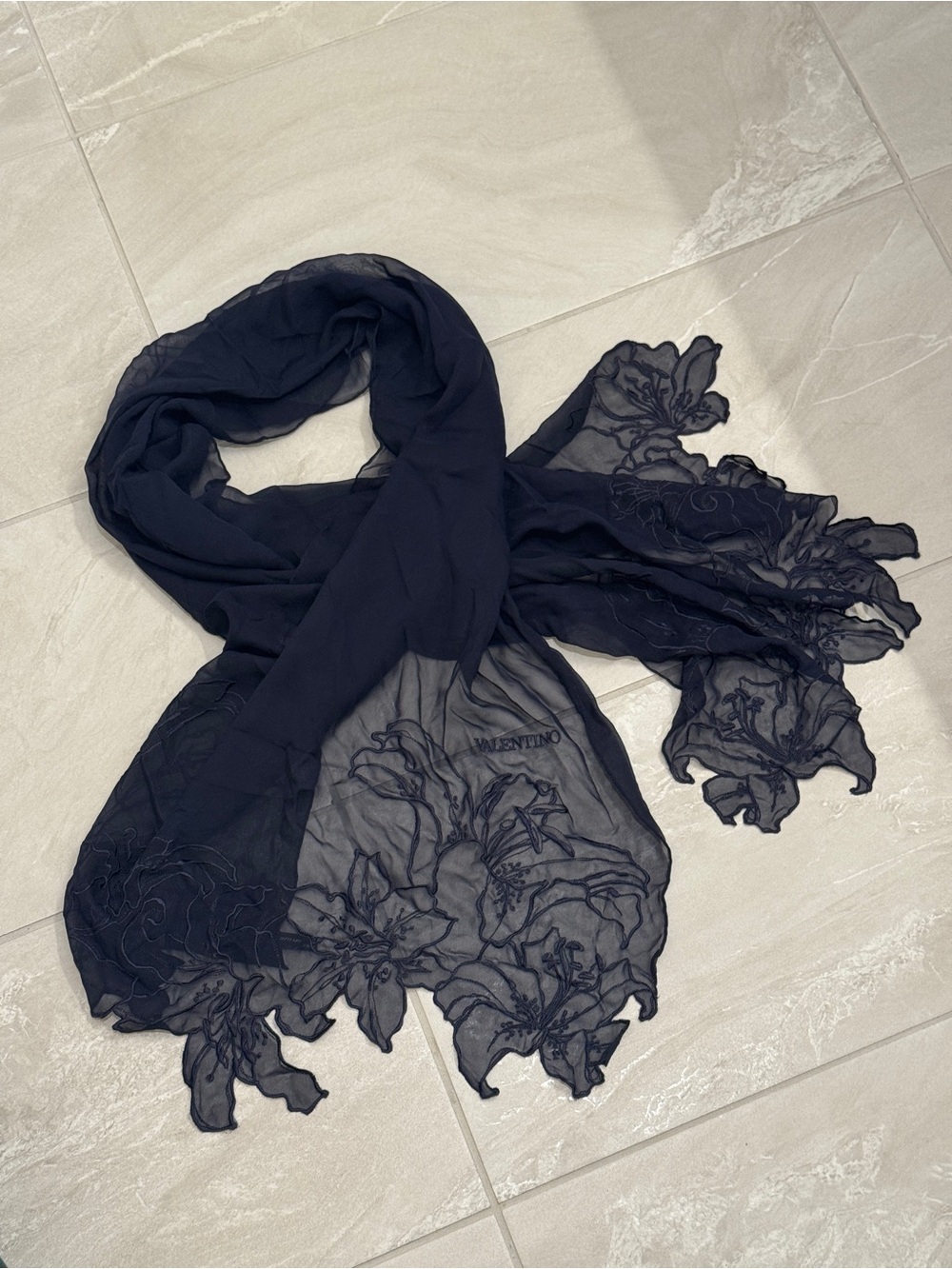 Valentino Sheer Silk Scarf Navy Blue Floral Embroidered Luxury Wrap